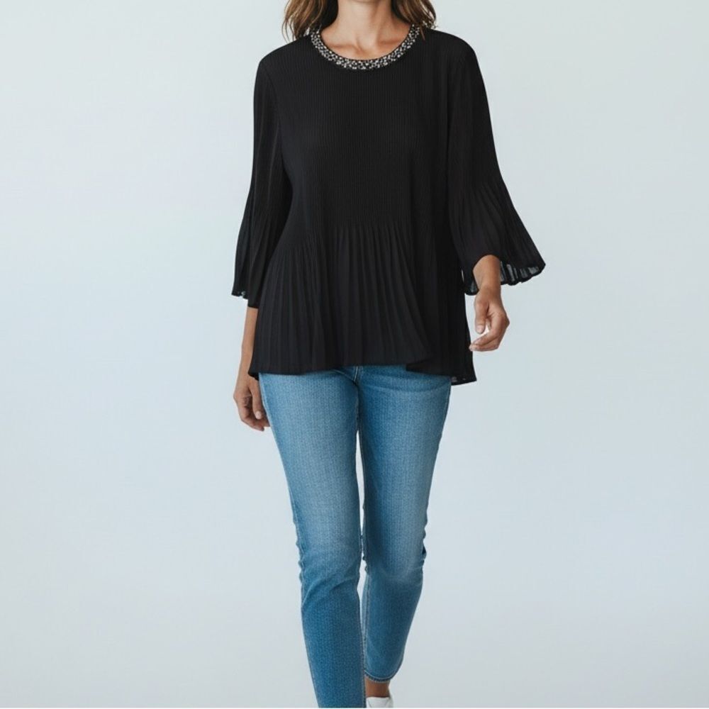 NWT Adrianna Papell Black Embellished 3/4 Sleeve Top in Size XL
